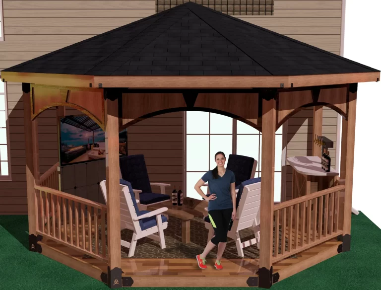 A woman poses elegantly in front of a picturesque gazebo, framed by vibrant foliage and a tranquil setting.
