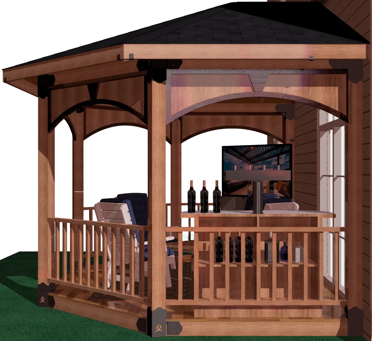 A picturesque 6x6 partial octagon gazebo showcasing a balcony and porch, set in a tranquil environment, perfect for outdoor gatherings.