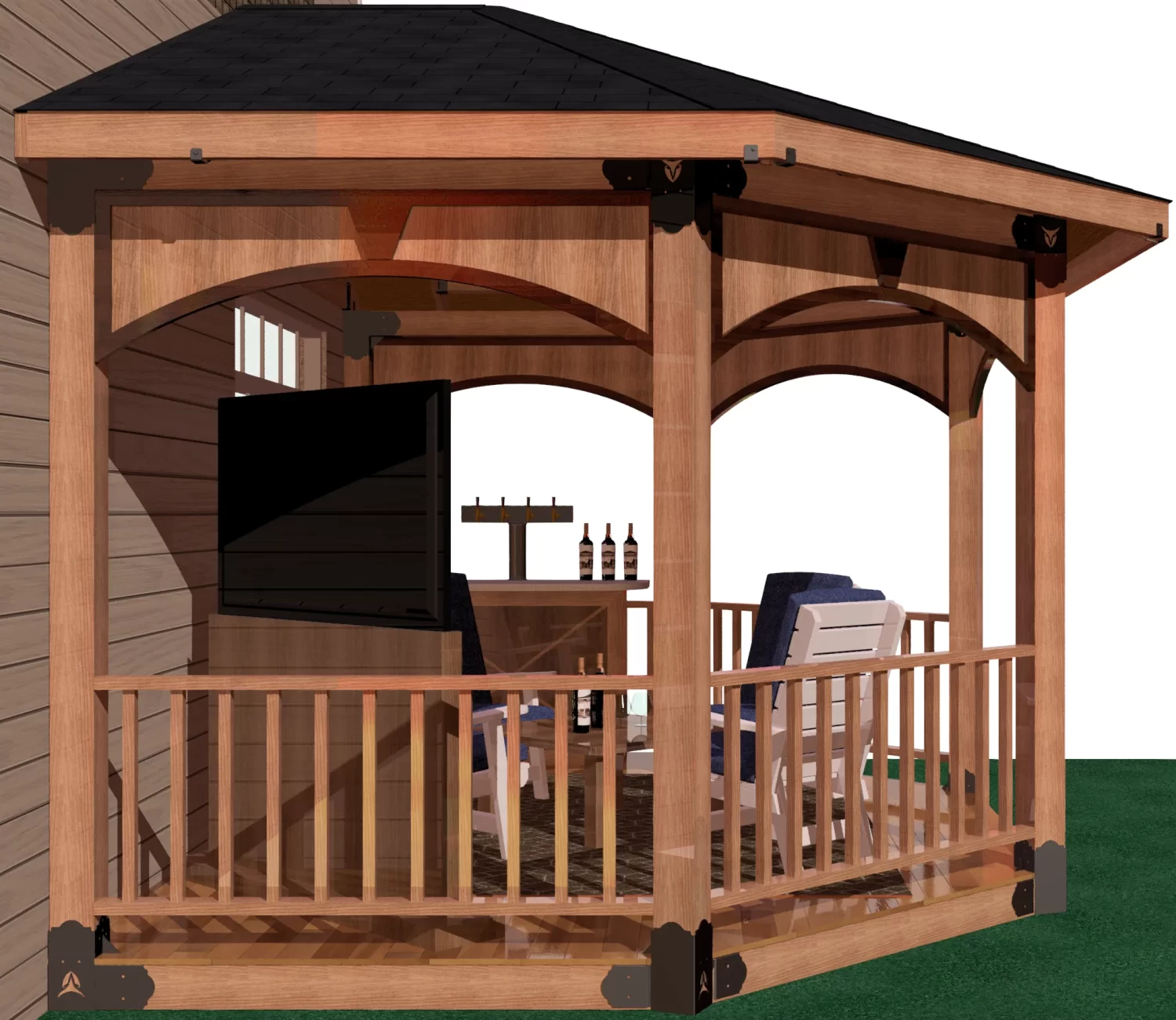 A picturesque 6x6 partial octagon gazebo showcasing a balcony and porch, set in a tranquil environment, perfect for outdoor gatherings.