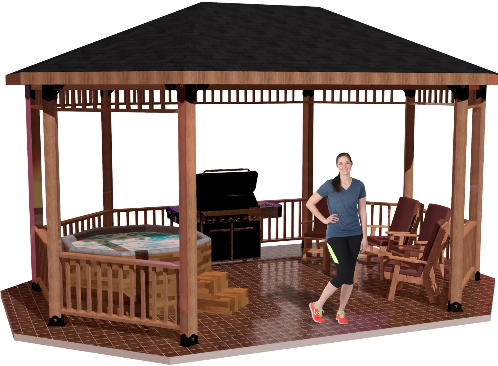 front view of a linear octagon patio cover with solid roof with hottub, grill, and casual furniture and a girl standing inside