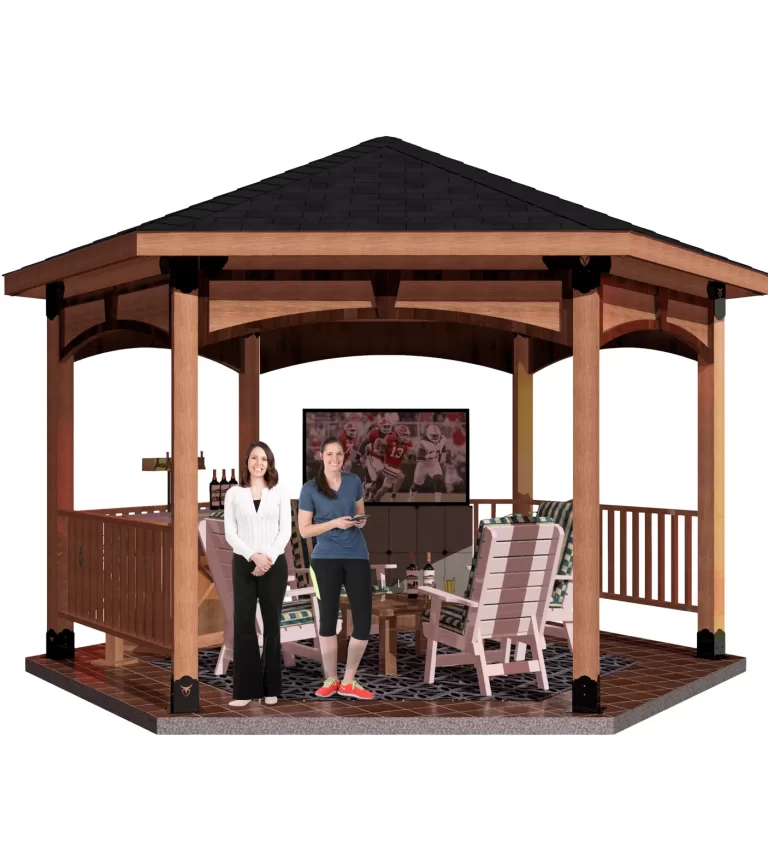 A couple poses in front of a hexagon gazebo, showcasing their affection amidst a picturesque garden setting.