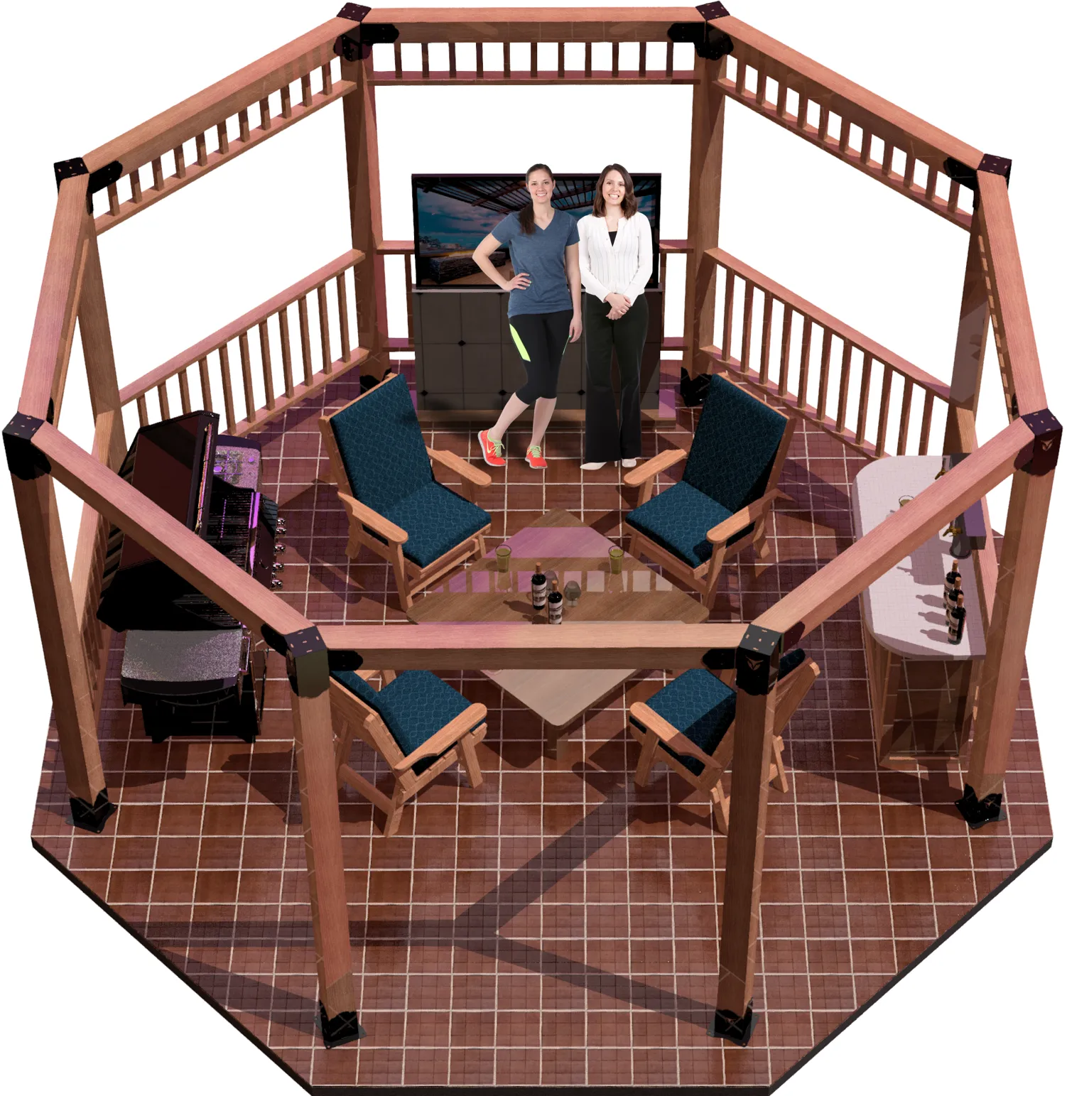 view of a DIY 6X6 open top octagon pergola. A bar with beer taps & wine bottles, barbecuer, LED TV, and casual furniture inside and two girls standing and smiling inside it.
