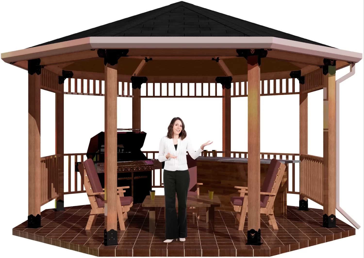 A woman stands and gestures inside a DIY Octagon Gazebo Kit - 6x6 Surface Mounted, featuring a tiled floor and surrounded by wooden chairs, a table, and a barbecue grill in the background.