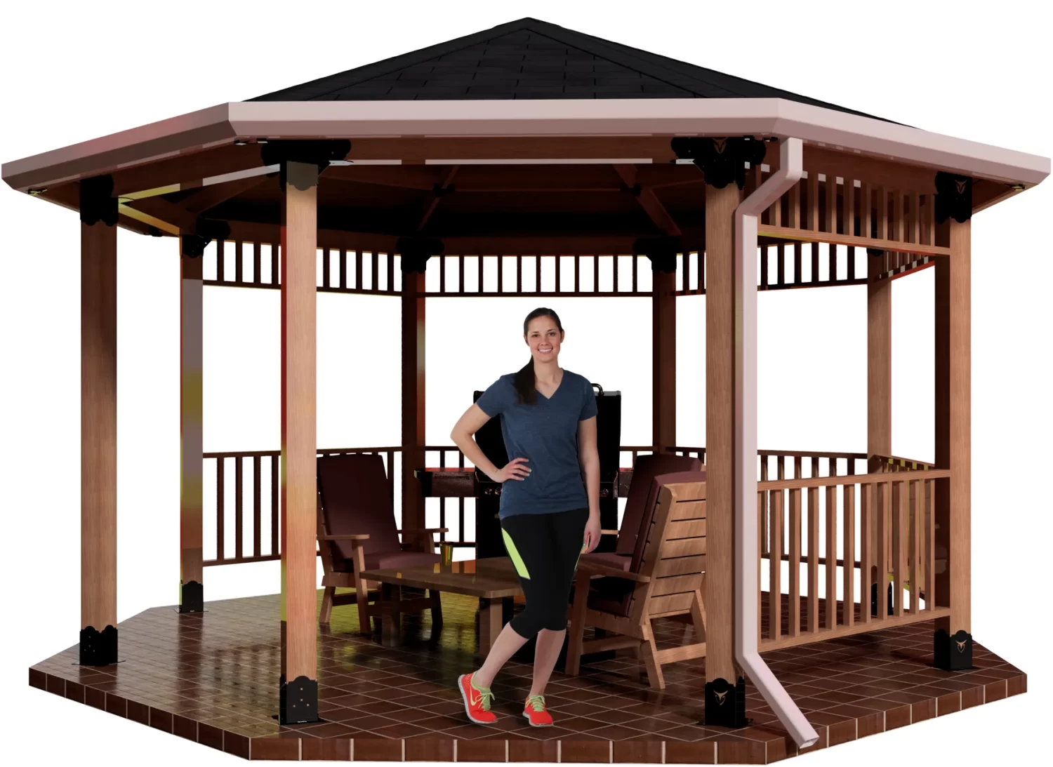 A woman in athletic wear smiles in front of a 6x6 DIY Octagon Gazebo Kit (Surface Mounted) featuring a tiled floor, patio chairs, open sides, elegant wooden details, and a dark roof.
