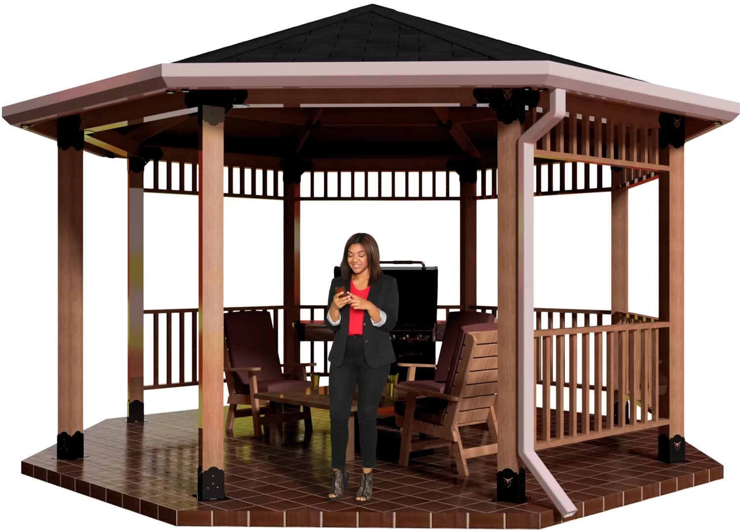 A woman in business attire stands inside a 6x6 Surface Mounted DIY Octagon Gazebo Kit with a tiled floor, wooden chairs, and a table, smiling as she looks at her phone.