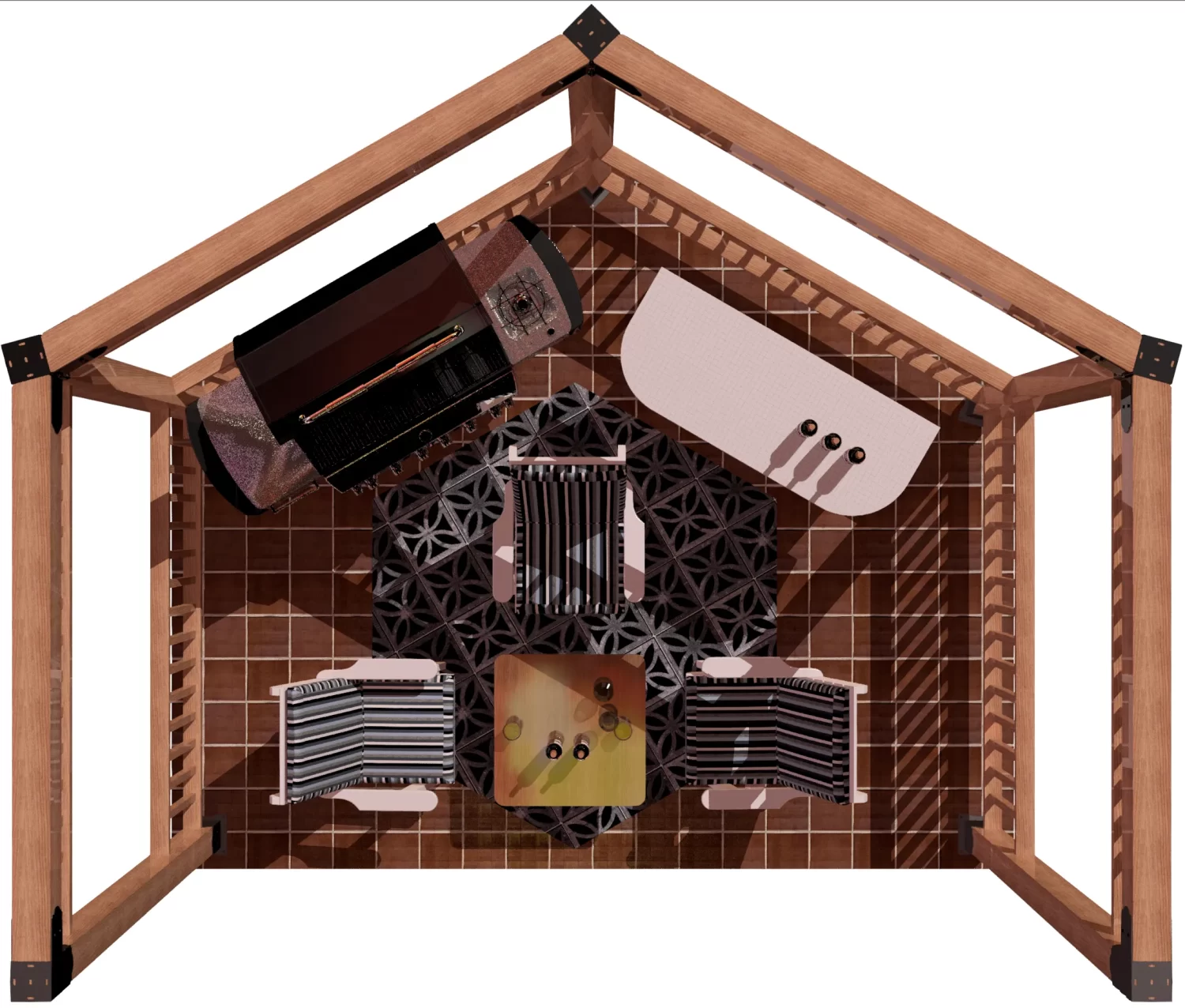 6S-PH-4 view of a DIY 6x6 open top partial hexagon pergola. A bar with wine bottles, barbecue, and casual furniture inside.