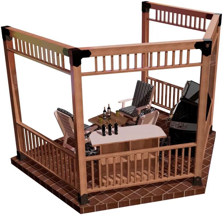 view of a DIY 6x6 open top partial hexagon pergola. A bar with wine bottles, barbecue, and casual furniture inside.