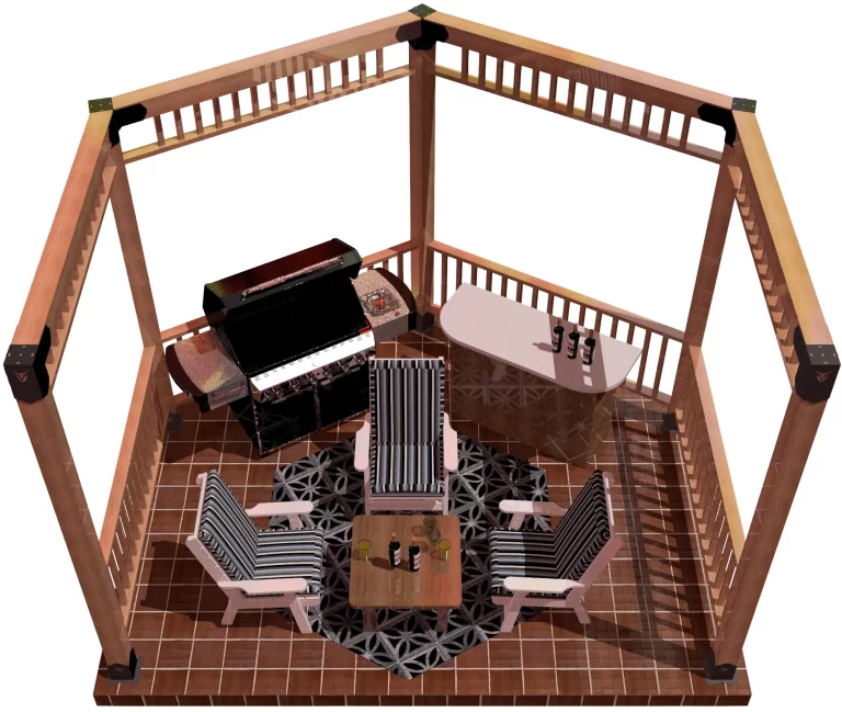 view of a DIY 6x6 open top partial hexagon pergola. A bar with wine bottles, barbecue, and casual furniture inside.
