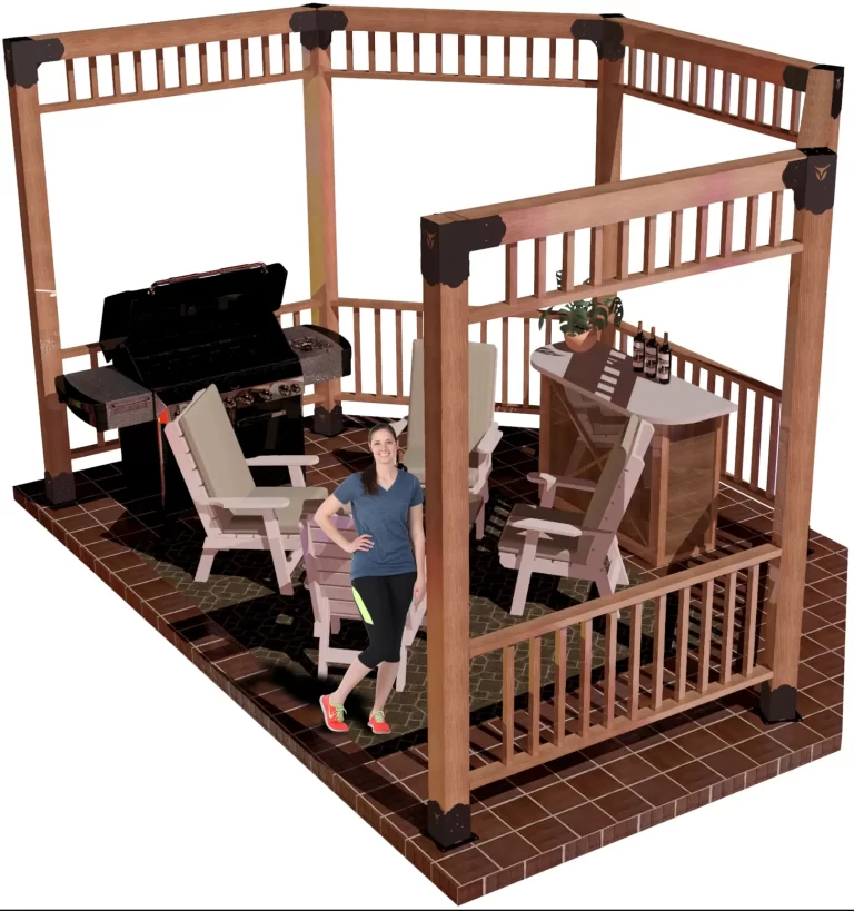view of a DIY6x6 open top partial octagon pergola. A bar with wine bottles, barbecuer, and casual furniture inside and a girl standing and smiling inside it.