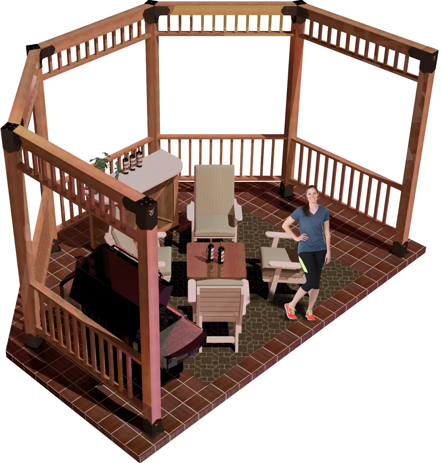view of a DIY6x6 open top partial octagon pergola. A bar with wine bottles, barbecuer, and casual furniture inside and a girl standing and smiling inside it.