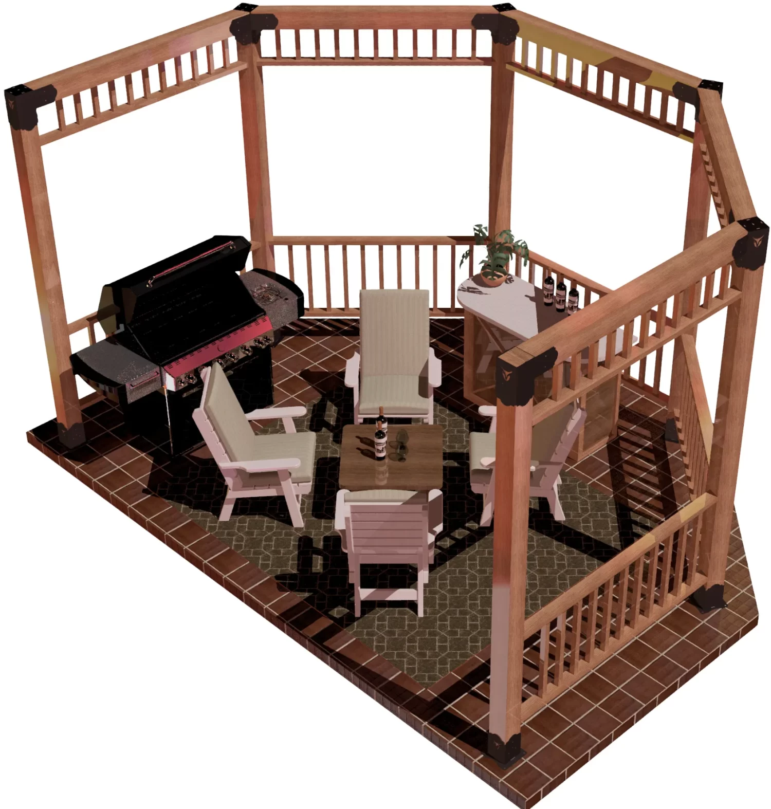 view of a DIY6x6 open top partial octagon pergola. A bar with wine bottles, barbecuer, and casual furniture inside it.