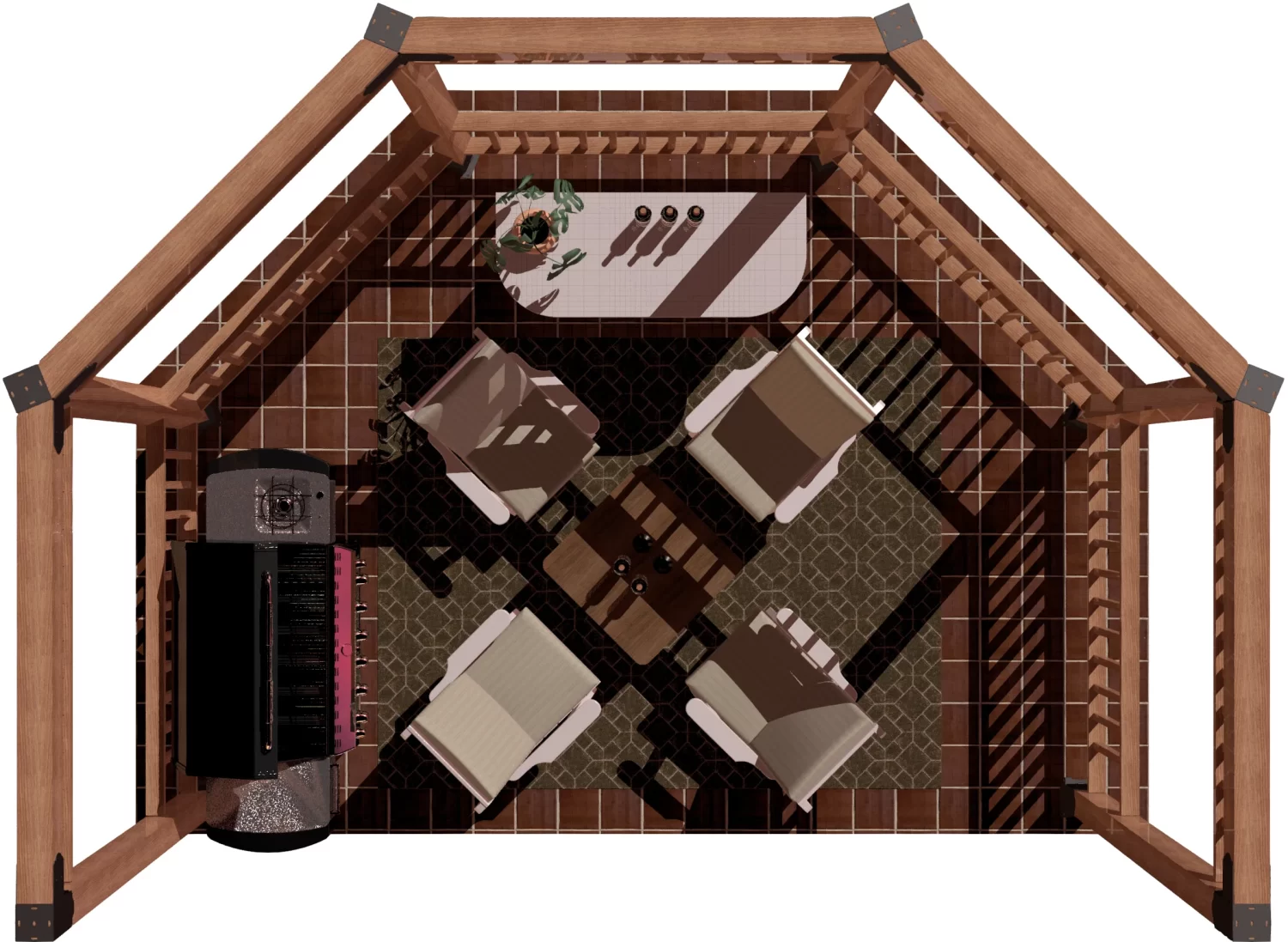view of a DIY6x6 open top partial octagon pergola. A bar with wine bottles, barbecuer, and casual furniture inside it.