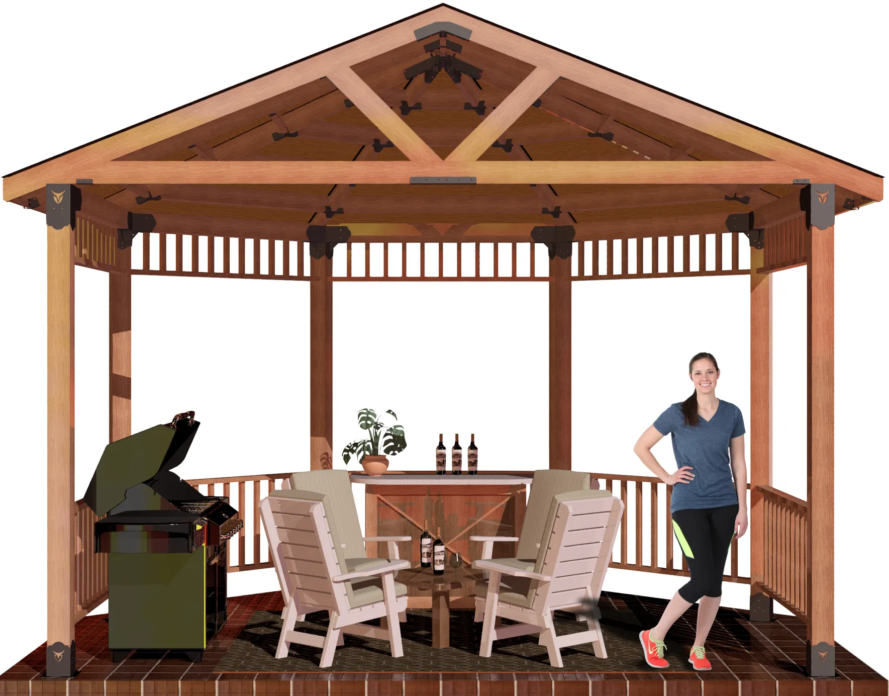 DIY 6x6, Surface Mounted, Partial Octagon Gazebo with barbecuer,bar, and casual seating furniture. A girl standing inside and smiling.