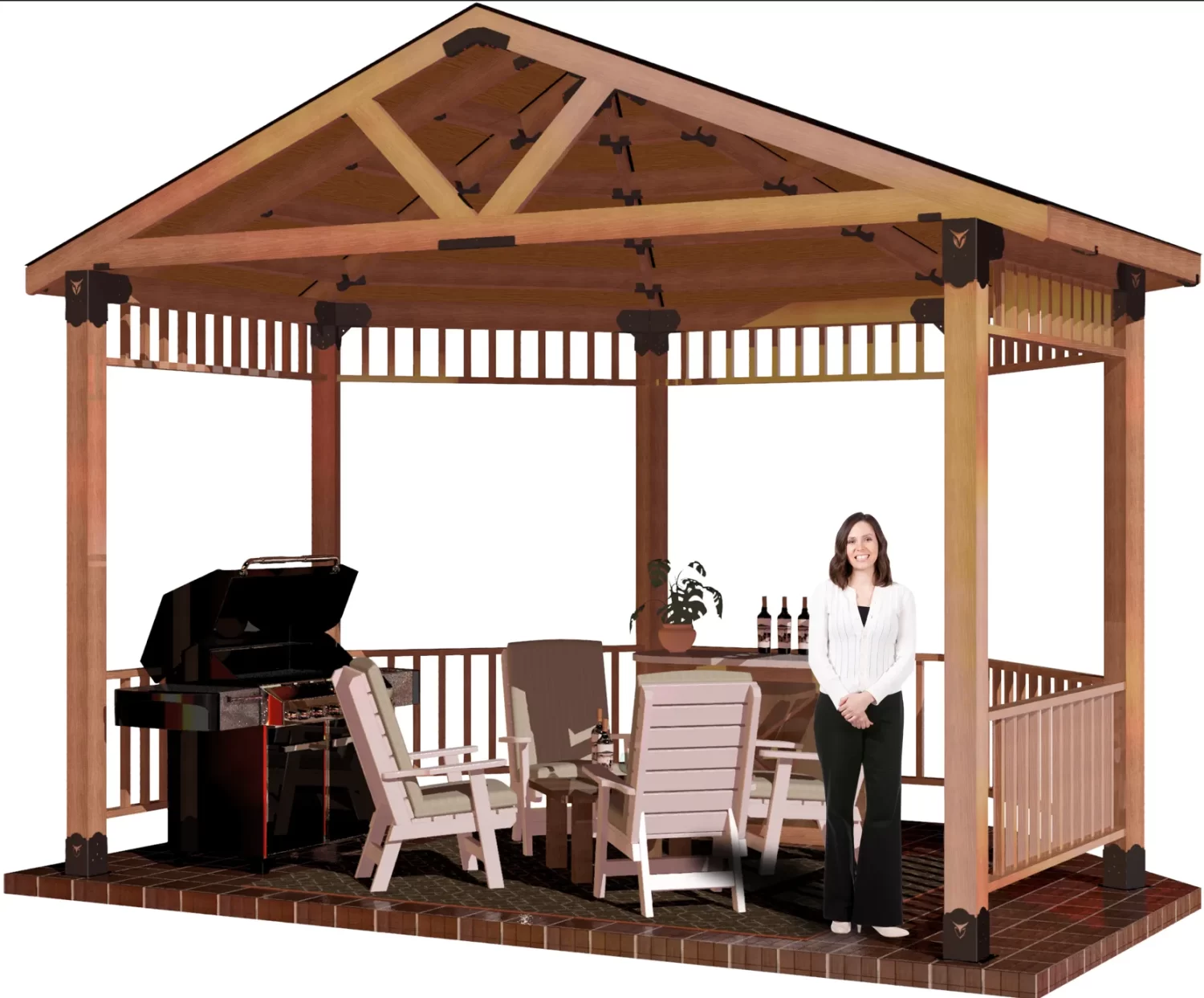 DIY 6x6, Surface Mounted, Partial Octagon Gazebo with barbecuer,bar, and casual seating furniture. A girl standing inside and smiling.