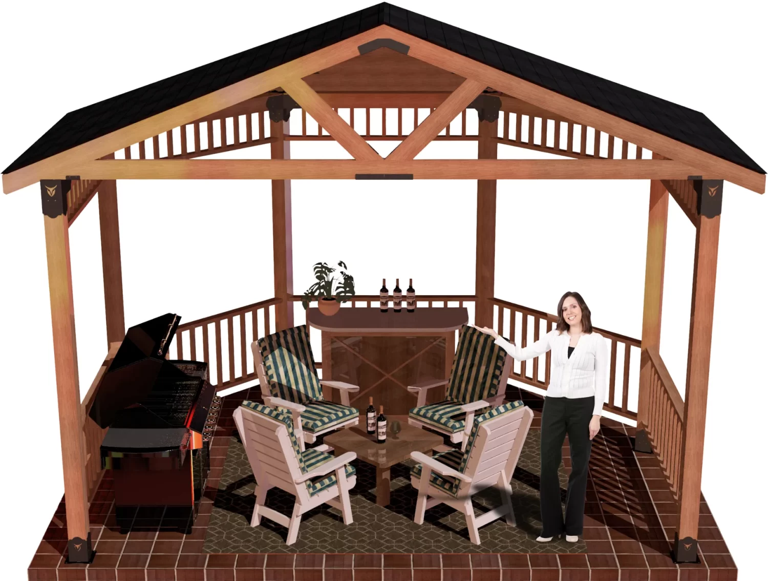 DIY 6x6, Surface Mounted, Partial Octagon Gazebo with barbecuer,bar, and casual seating furniture. A girl standing inside and smiling.