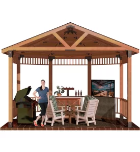 DIY 6x6, Surface Mounted, Partial Octagon Gazebo with barbecuer,bar, and casual seating furniture. A girl standing inside and smiling.
