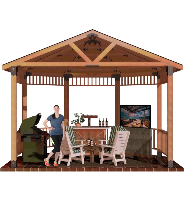 DIY 6x6, Surface Mounted, Partial Octagon Gazebo with barbecuer,bar, and casual seating furniture. A girl standing inside and smiling.