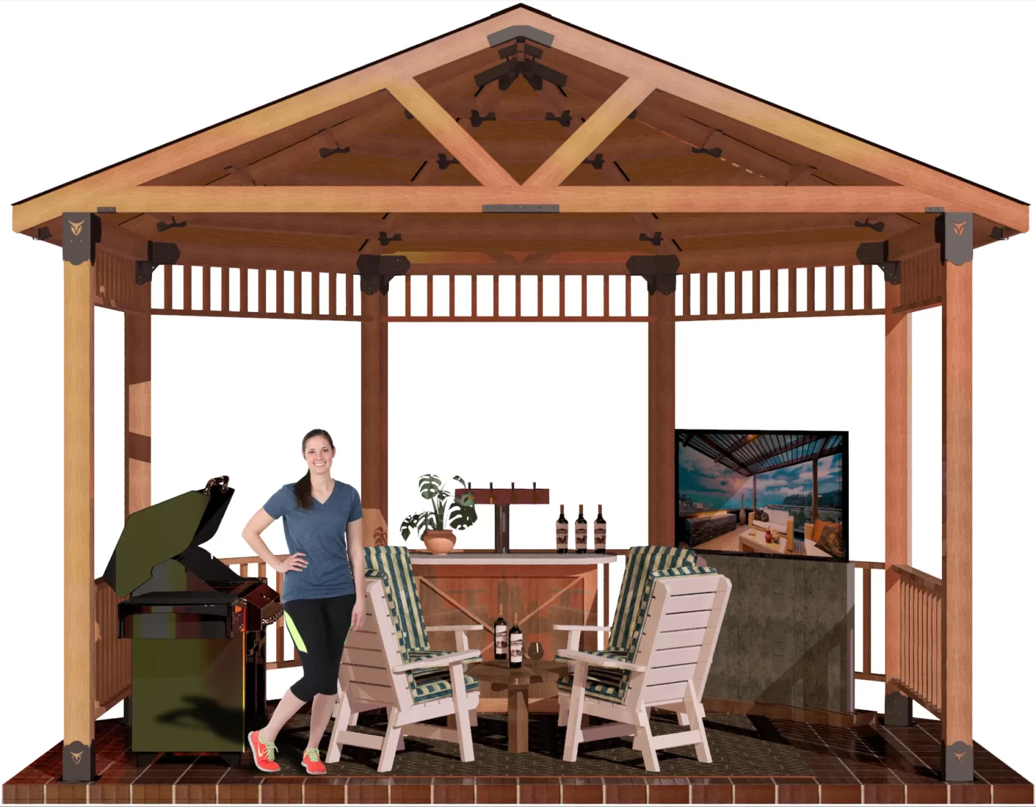 DIY 6x6, Surface Mounted, Partial Octagon Gazebo with barbecuer,bar, and casual seating furniture. A girl standing inside and smiling.