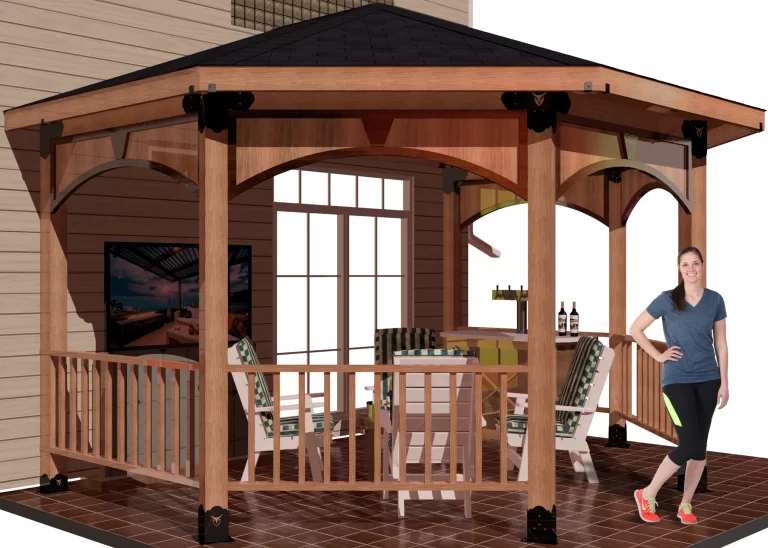 A woman poses elegantly in front of a picturesque partial octagon gazebo, framed by vibrant foliage and a tranquil