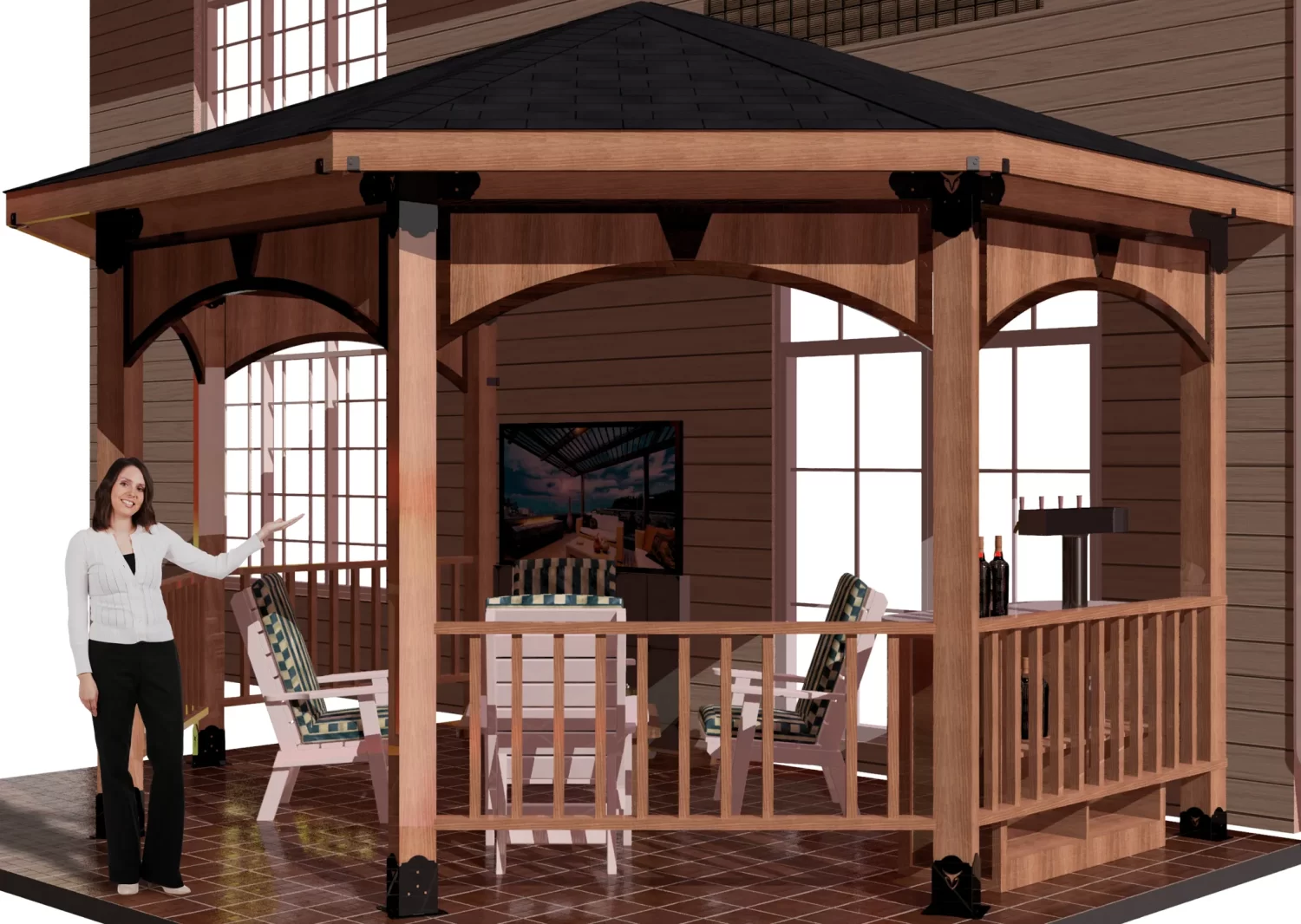 A woman poses elegantly in front of a picturesque partial octagon gazebo, framed by vibrant foliage and a tranquil