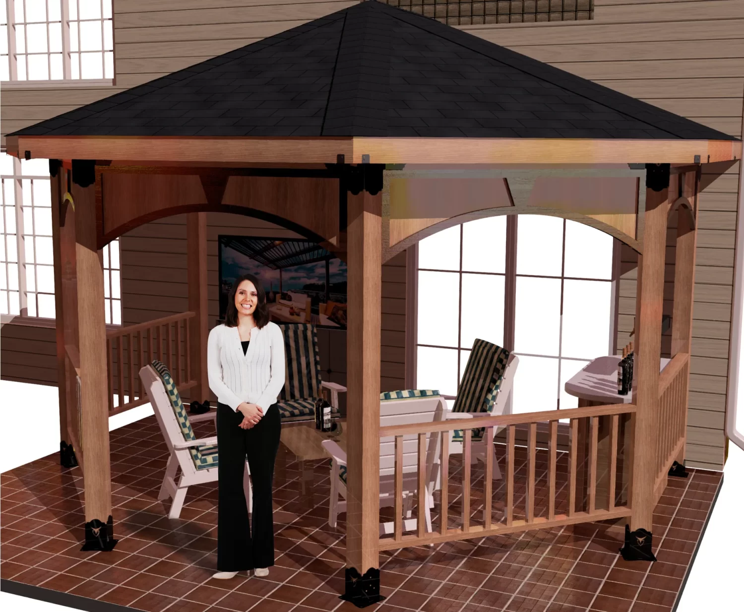 A woman poses elegantly in front of a picturesque partial octagon gazebo, framed by vibrant foliage and a tranquil setting.