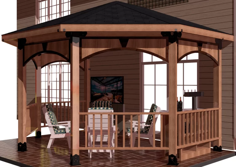 A picturesque partial octagon gazebo, framed by vibrant foliage and a tranquil setting.