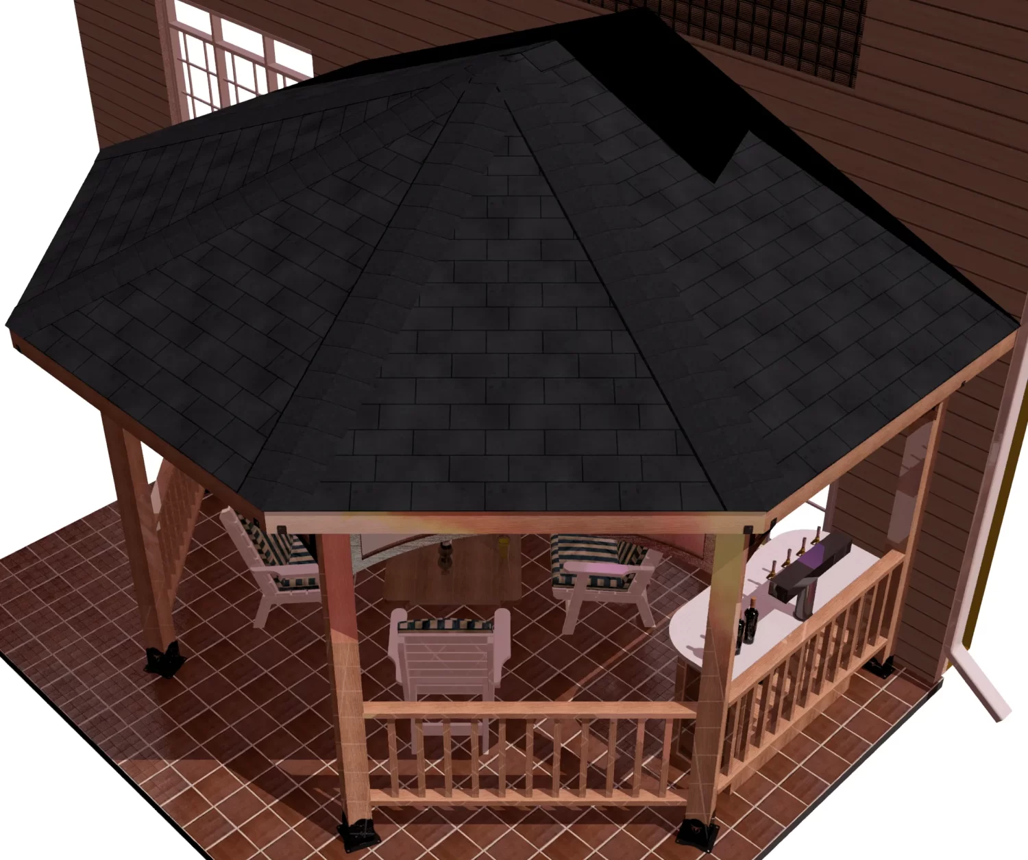 A detailed 3D visualization of a partial octagon gazebo, showcasing a stylish black roof in a tranquil garden setting.