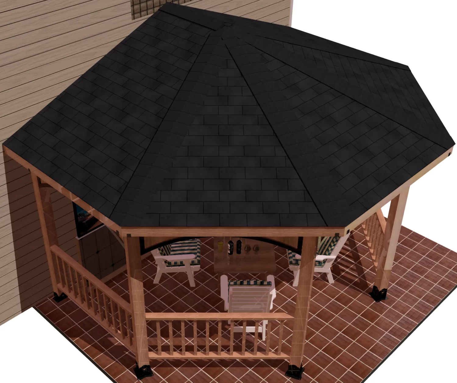 A detailed 3D visualization of a partial octagon gazebo, showcasing a stylish black roof in a tranquil garden setting.