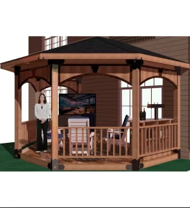 A woman poses elegantly in front of a picturesque gazebo, framed by vibrant foliage and a tranquil setting.
