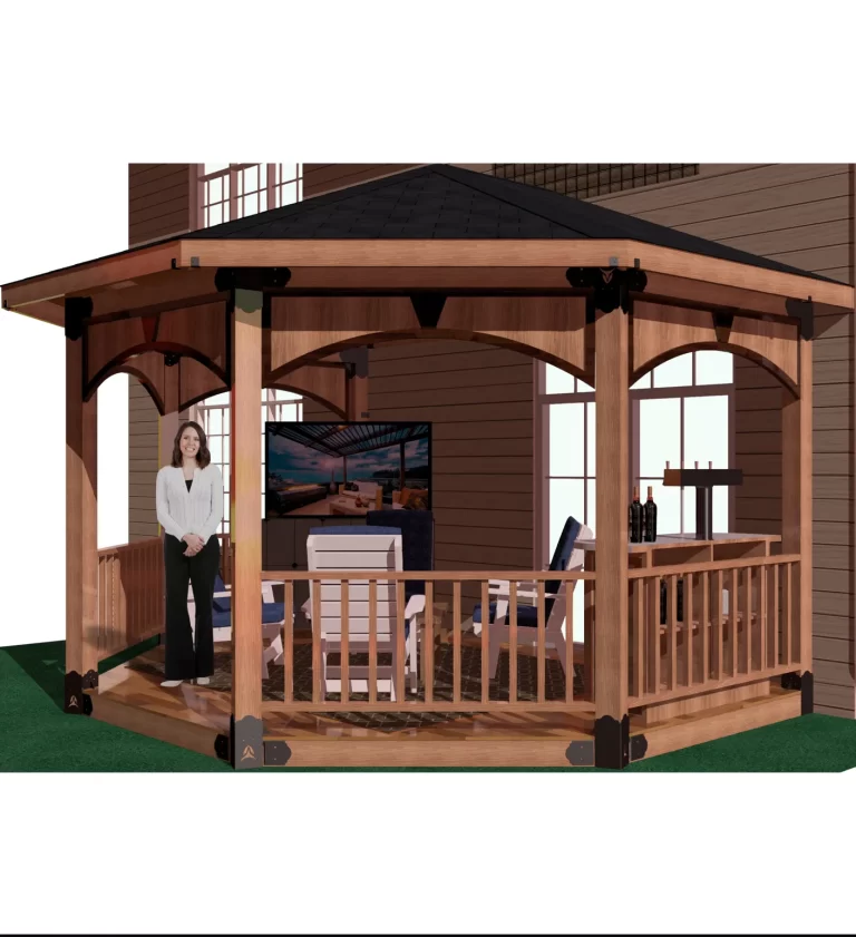 A woman poses elegantly in front of a picturesque gazebo, framed by vibrant foliage and a tranquil setting.
