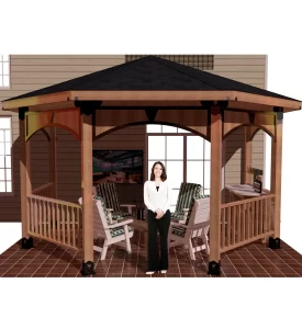 A woman poses elegantly in front of a picturesque partial octagon gazebo, framed by vibrant foliage and a tranquil setting.