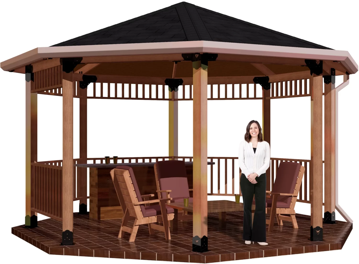 A woman stands and smiles inside a DIY Octagon Gazebo Kit - 6x6 Surface Mounted, featuring a hexagonal roof, tiled floor, and patio furniture with chairs and a small table.