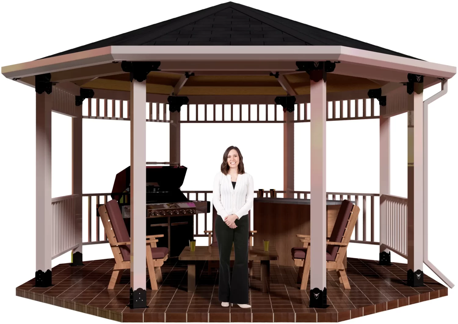 A woman stands smiling inside a 6x6 DIY Octagon Gazebo Kit (Surface Mounted) with a dark roof, wood railings, grill, wooden chairs, and a small table on tiled flooring.