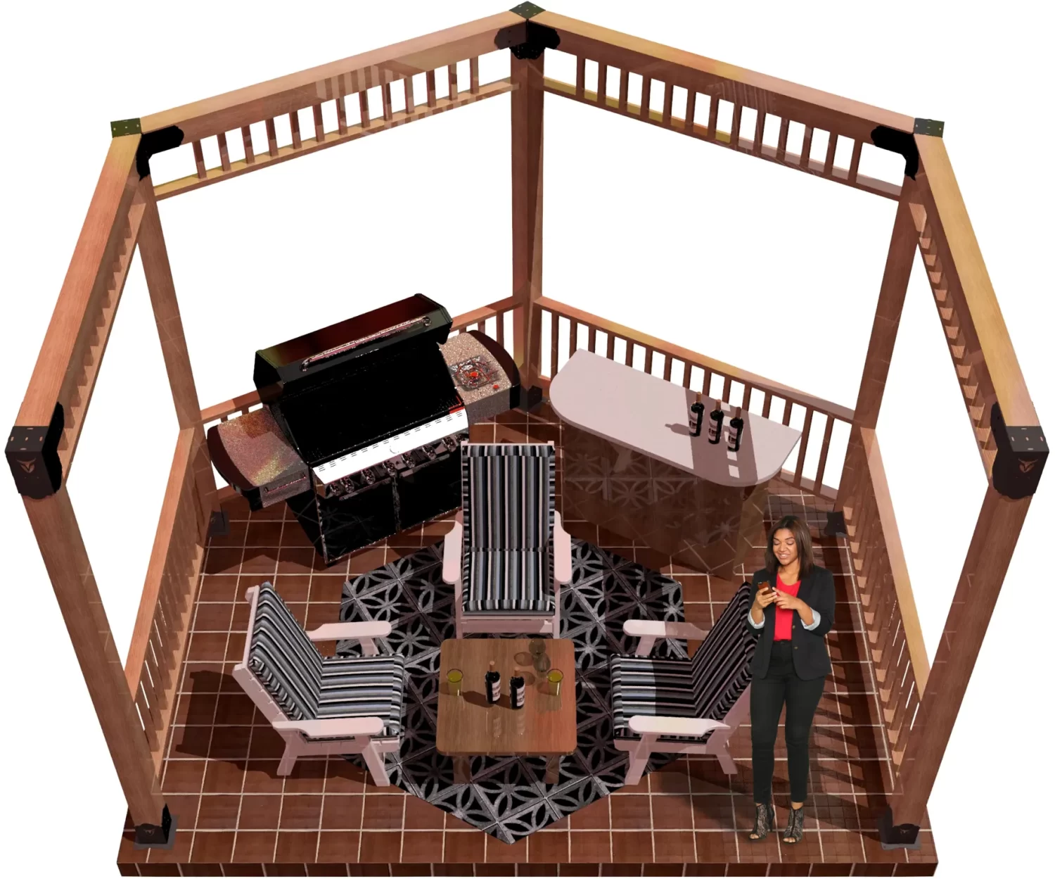 6s-ph-11 view of a 6x6 open top partial hexagon pergola. A bar with wine bottles, barbecue, and casual furniture inside and a girl standing smiling.