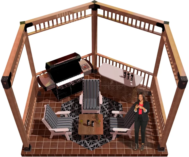 view of a 6x6 open top partial hexagon pergola. A bar with wine bottles, barbecue, and casual furniture inside and a girl standing smiling.