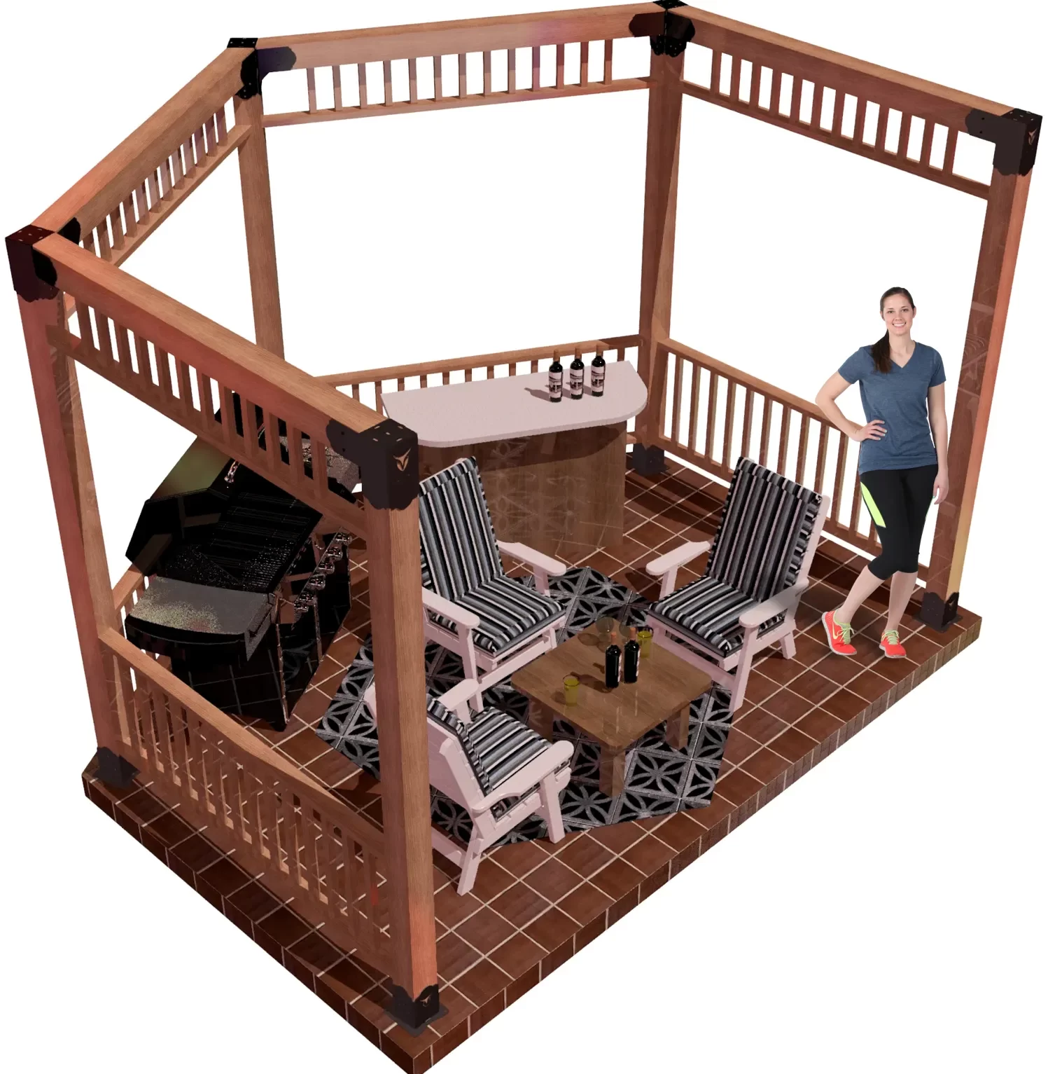 view of a 6x6 open top partial hexagon pergola. A bar with wine bottles, barbecue, and casual furniture inside and a girl standing smiling.