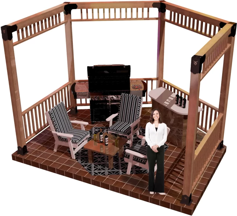 view of a 6x6 open top partial hexagon pergola. A bar with wine bottles, barbecue, and casual furniture inside and a girl standing smiling.