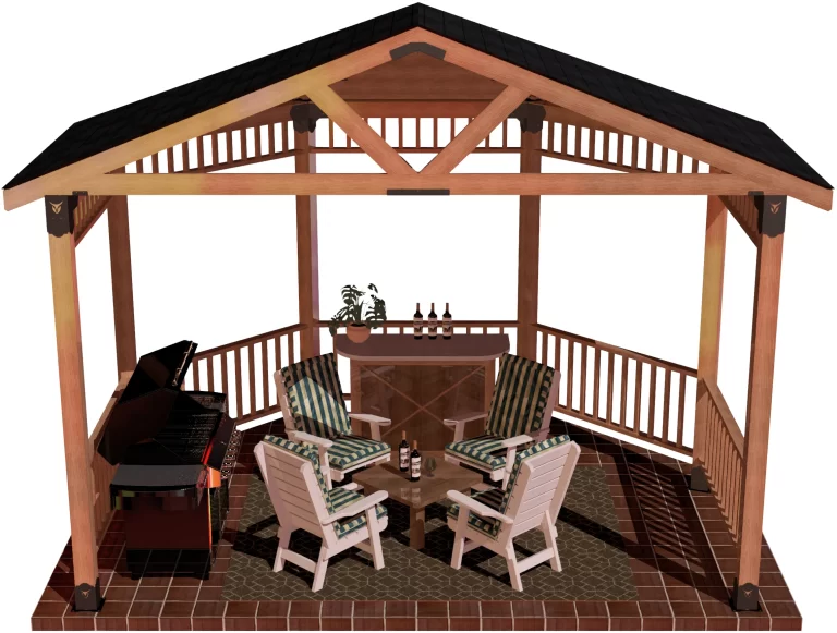 view of a DIY6x6 Solid Roofed partial octagon gazebo. A bar with wine bottles, barbecuer, and casual furniture inside it.