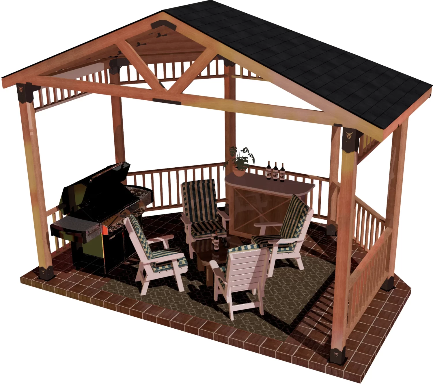 view of a DIY 6x6 solid roofed partial octagon gazebo. A bar with wine bottles, barbecuer, and casual furniture inside it.