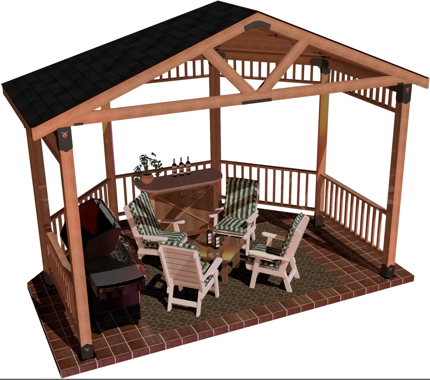 view of a DIY 6x6 solid roofed partial octagon gazebo. A bar with wine bottles, barbecuer, and casual furniture inside it.