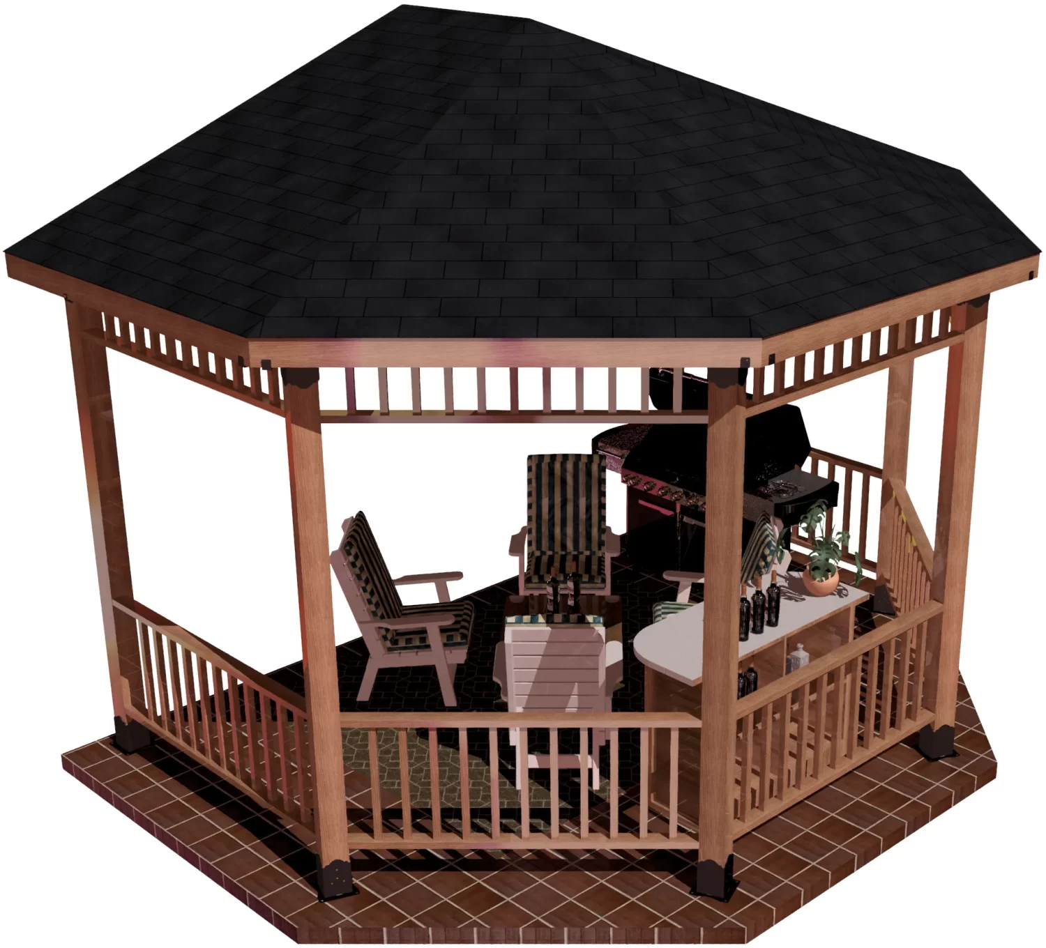 view of a DIY 6x6 solid roofed partial octagon gazebo. A bar with wine bottles, barbecuer, and casual furniture inside it.