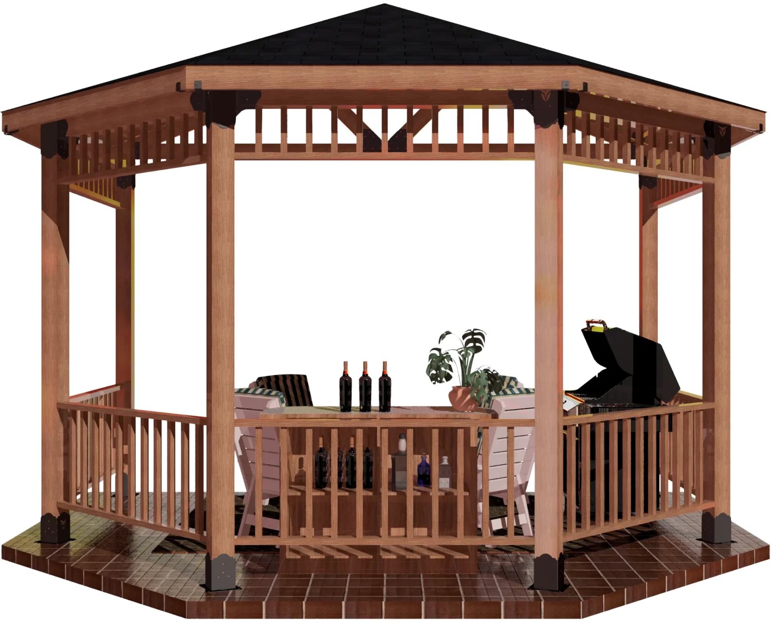 view of a DIY 6x6 solid roofed partial octagon gazebo. A bar with wine bottles, barbecuer, and casual furniture inside it.