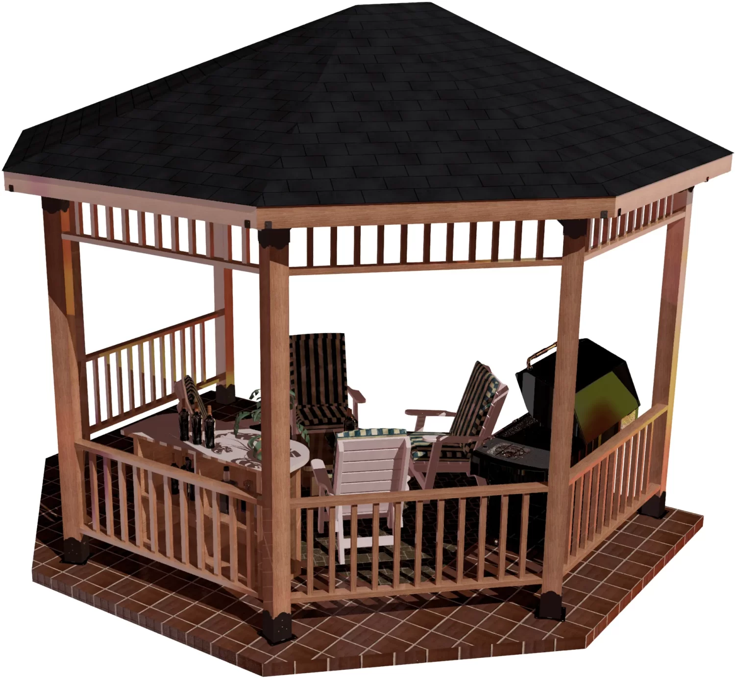 view of a DIY 6x6 solid roofed partial octagon gazebo. A bar with wine bottles, barbecuer, and casual furniture inside it.