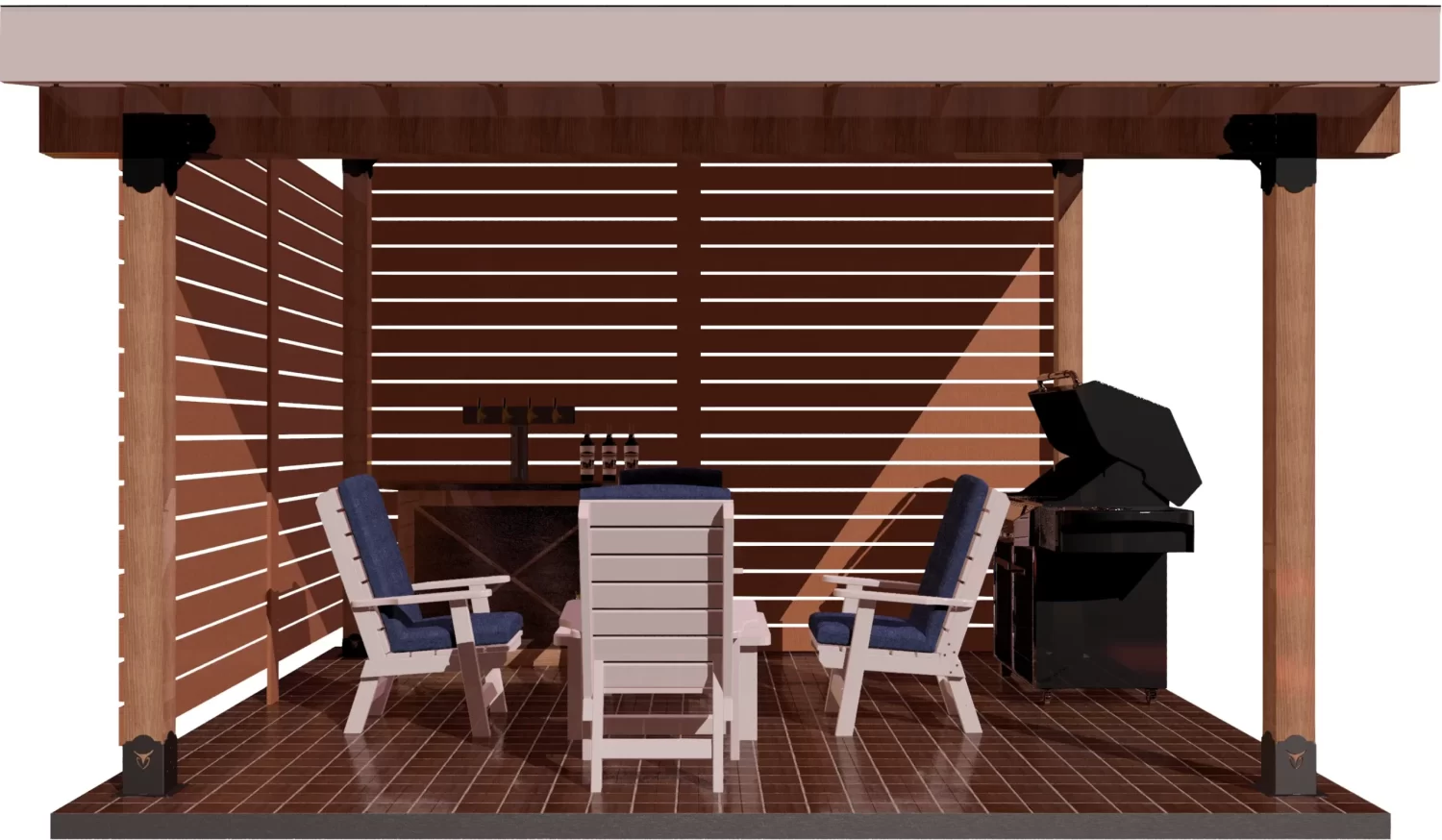 A cozy wooden patio adorned with chairs and a grill, perfect for outdoor gatherings and enjoying meals in nature.