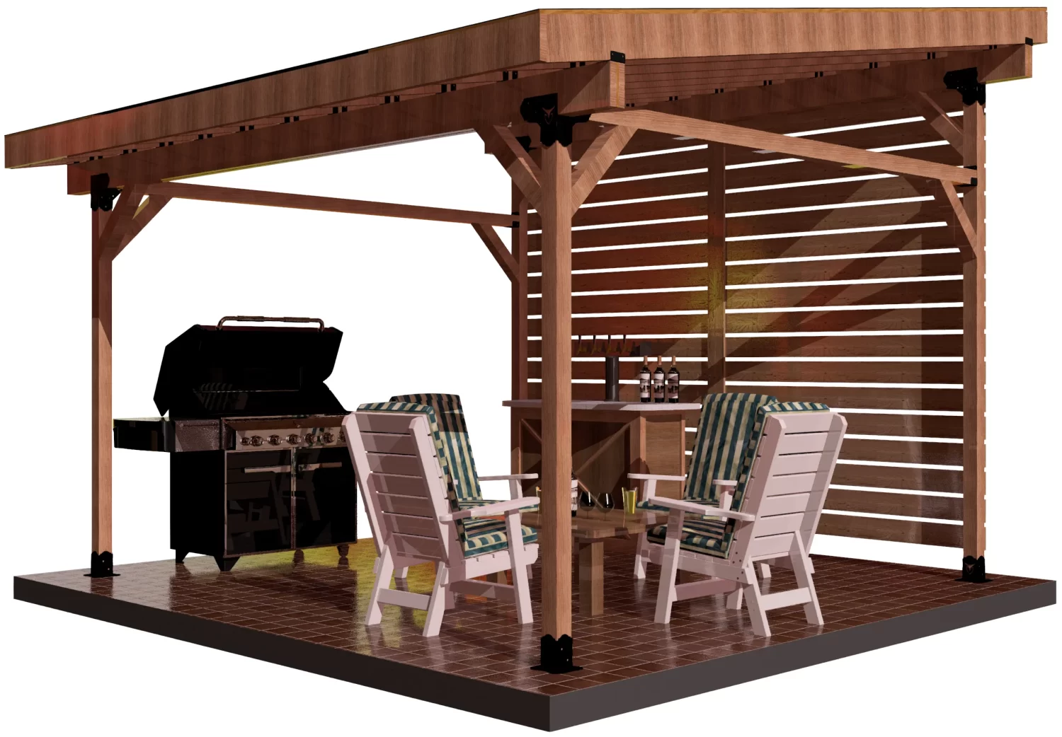 A wooden covered patio featuring comfortable chairs and a grill, perfect for outdoor gatherings and relaxation.