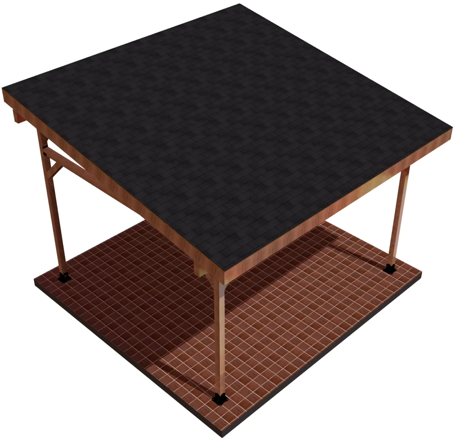 View of a black roof on top of a 4x4 Lean-To with 2-12 pitched roof and mounted on a red tile surface.