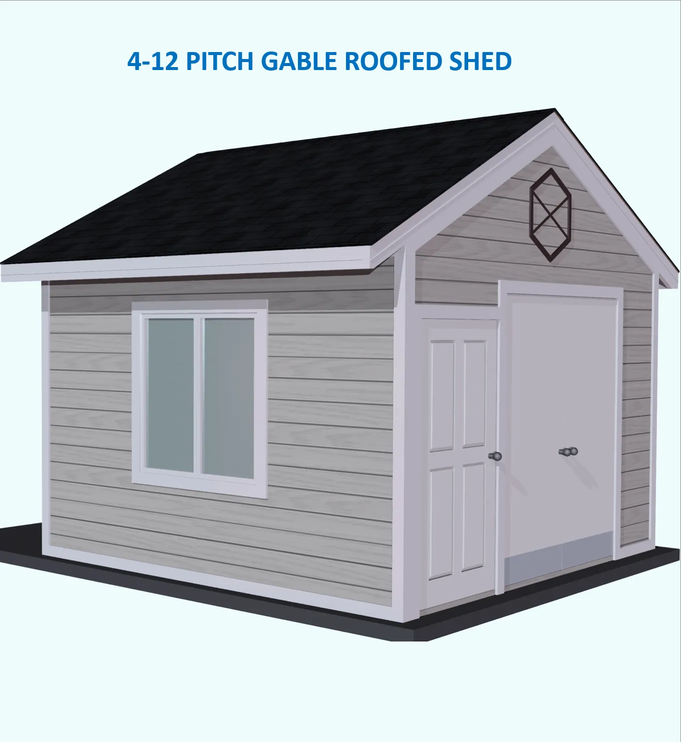 3D illustration of a gray shed with a 4-12 pitch gable roof, window, double doors, and a Universal Width Gable Roof Brackets Kit above the doors. Text above: “4-12 PITCH GABLE ROOFED SHED.”.