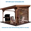 A wooden lean-to patio cover with a grill, table, and four chairs below showcases the DIY 4x4 Lean To kit, featuring universal sizing, durable construction, and easy one-day assembly.