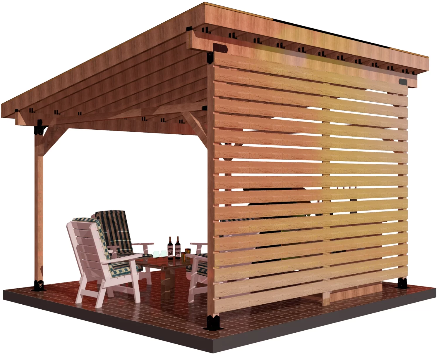 The DIY 4x4 Lean To kit creates a wooden pergola with a slatted privacy wall on one side, installed on a tiled patio. Four cushioned chairs surround a small table inside, complete with bottles and glasses.