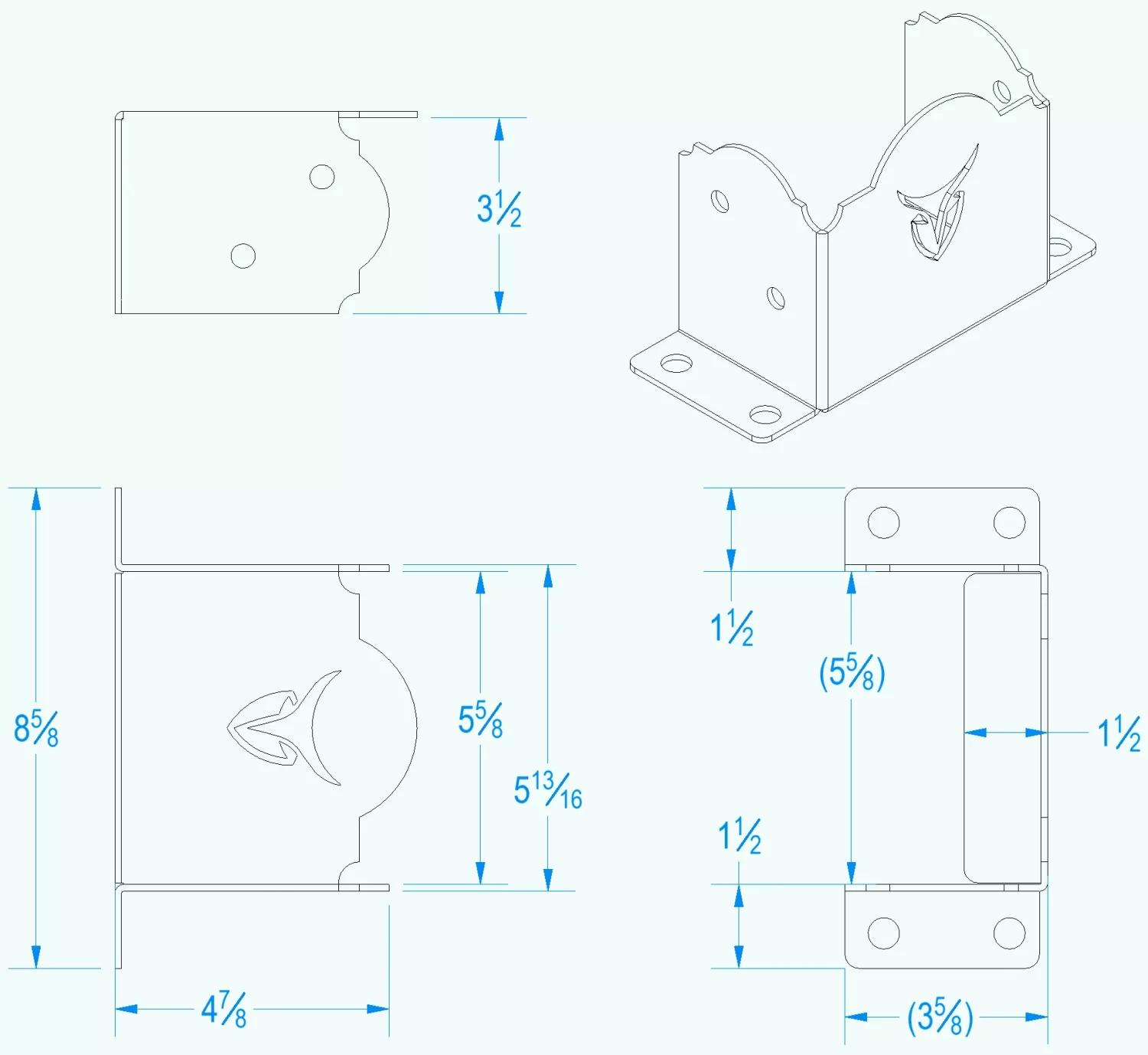 Technical drawing of the Heavy Duty 4x6 Post Anchor metal bracket, shown from multiple angles with labeled inch dimensions. The design includes a curved cutout, mounting holes, and a decorative swoosh on the main face.